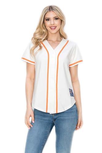 YURO-K Women's Cotton White Color Baseball Jersey with Piping/Made in Los Angeles