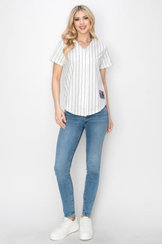 YURO-K Women's White Cotton Pinstripe Baseball Jersey/Made in Los Angeles