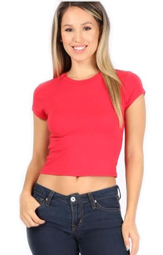 7Wins Womens Cotton Spandex Basic Solid Fitted, Cap Sleeve Crew Neck Cropped top