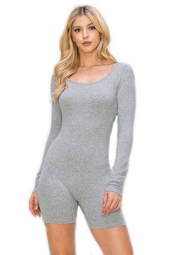 7Wins JJJ Fashion Solid Cotton Spandex Round Neck Low Back Long Sleeve Body-Con Short Romper/Made In USA