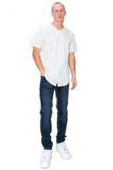 YURO-K Men's White Cotton Pinstripe Baseball Jersey/Made in Los Angeles