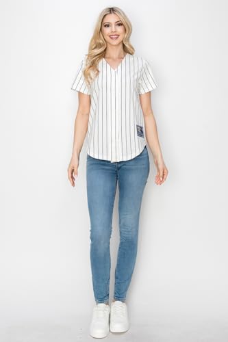 YURO-K Women's White Cotton Pinstripe Baseball Jersey/Made in Los Angeles