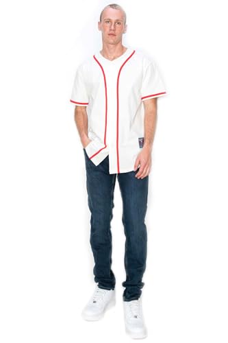 YURO-K Men's Cotton White Color Baseball Jersey with Piping/Made in Los Angeles