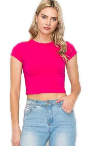 7Wins Womens Cotton Spandex Basic Solid Fitted, Cap Sleeve Crew Neck Cropped top