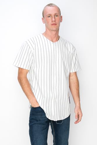 YURO-K Men's White Cotton Pinstripe Baseball Jersey/Made in Los Angeles