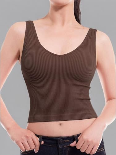 Design by Olivia Women's Four-Way Stretch V-Neck Ribbed Seamless Crop Top -Made in USA