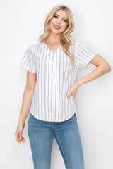 YURO-K Women's White Pinstripe Baseball Jersey/Made in Los Angeles