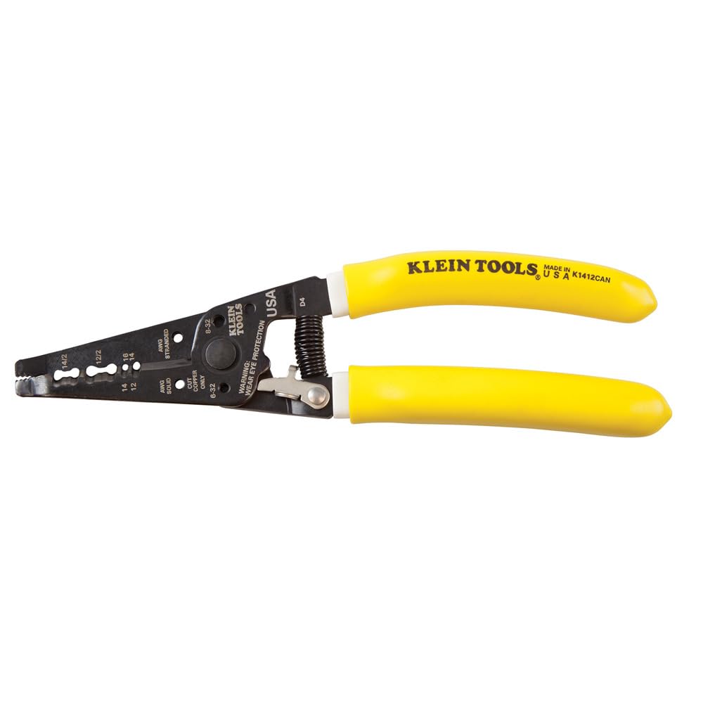 Klein Tools K1412 Wire Cutter / Wire Stripper, Made in USA, Dual NM Cable Stripper / Cutter Cuts Solid Copper Wire, Strips 12 and 14 AWG Solid Wire