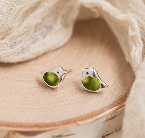 Bottled Up Designs Handmade Little Bird Stud Earrings, Sterling Silver, Eco Friendly, Made in USA, Birthday Gifts, Mothers Day, Women, Anniversary (Olive Wine Bottle)