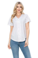 YURO-K Women's White Pinstripe Baseball Jersey/Made in Los Angeles