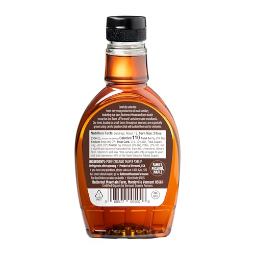 Butternut Mountain Farm Pure Vermont Maple Syrup, Organic, Grade A, Amber Rich, 12 oz, Easy Squeeze Bottle