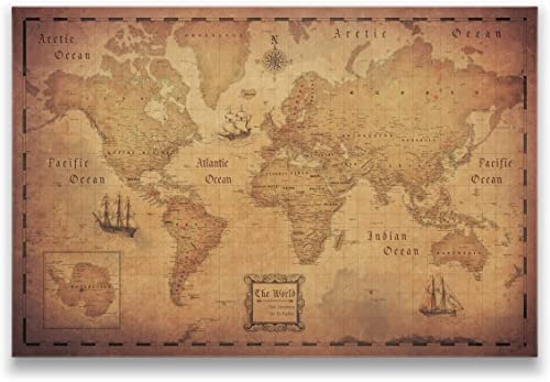 Push Pin World Map Board - With Push Pins to Mark World Travel - Handmade in Ohio, USA - Design: Golden Aged (48" x 32")
