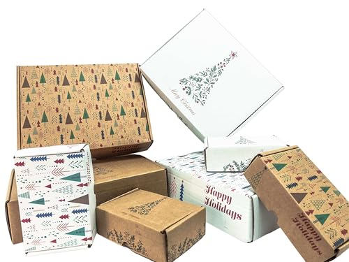 Christmas Box 11 x 8 x 4" - 50 Pack Xmas Pine Trees Printed Large Holiday Boxes - Holiday Shipping Box Made In USA Christmas Packaging Small Business