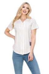 YURO-K Women's White Cotton Pinstripe Baseball Jersey/Made in Los Angeles