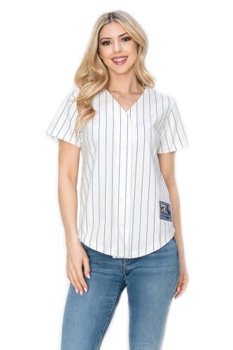 YURO-K Women's White Cotton Pinstripe Baseball Jersey/Made in Los Angeles