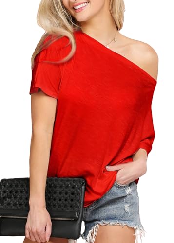 Made in USA Women's Casual Off Shoulder Short Sleeve Soft Rayon Loose Top