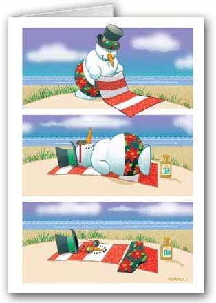 Stonehouse Collection | Funny Melting Snowman on Beach Holiday Card | 18 Beach Christmas Cards & Envelopes | USA Made