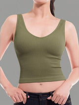 Design by Olivia Women's Four-Way Stretch V-Neck Ribbed Seamless Crop Top -Made in USA