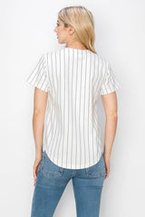 YURO-K Women's White Cotton Pinstripe Baseball Jersey/Made in Los Angeles