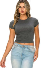 7Wins Womens Cotton Spandex Basic Solid Fitted, Cap Sleeve Crew Neck Cropped top