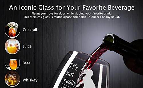 C & M Personal Gifts The Dog is Home Stemless Wine Glass-Funny Gift for the Dog Lover, Him, Her, Birthdays, Anniversaries, Retirement, Mother, Father, 17 Ounces, Laser Engraved, Crystal, Lead-free D1