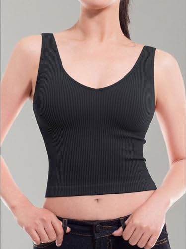 Design by Olivia Women's Four-Way Stretch V-Neck Ribbed Seamless Crop Top -Made in USA