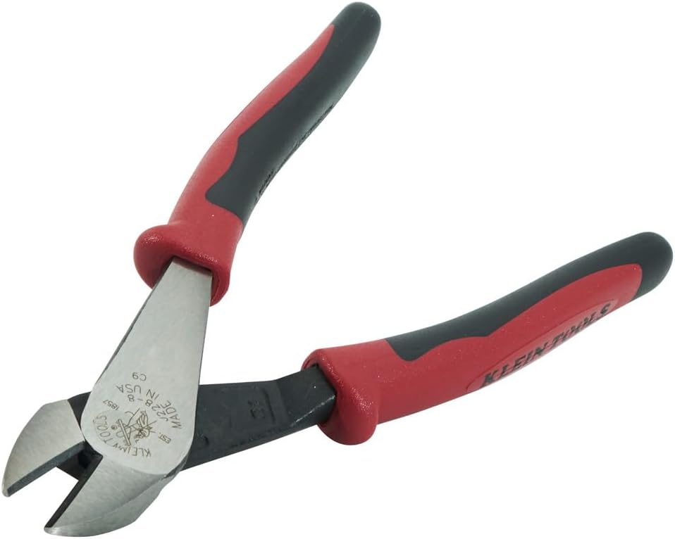 Klein Tools J228-8 Pliers, Made in USA, Diagonal Cutting Pliers with Dual-Material Journeyman Handles, Short Jaws and Beveled Cutting Edges, 8-Inch