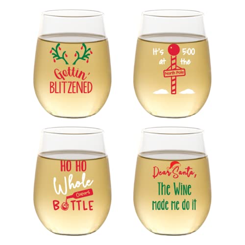 Set of 4 Shatterproof Designer 16 oz Plastic Wine Glasses MADE in the USA (CHRISTMAS)