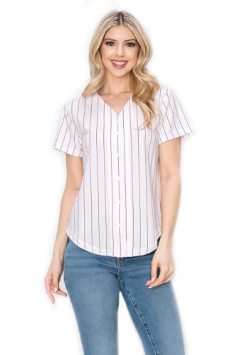 YURO-K Women's White Pinstripe Baseball Jersey/Made in Los Angeles