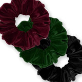 Velvet Scrunchies 3-Pack Gift Set Premium Plush Ponytail Holder Made in the USA Burgundy Forest Black