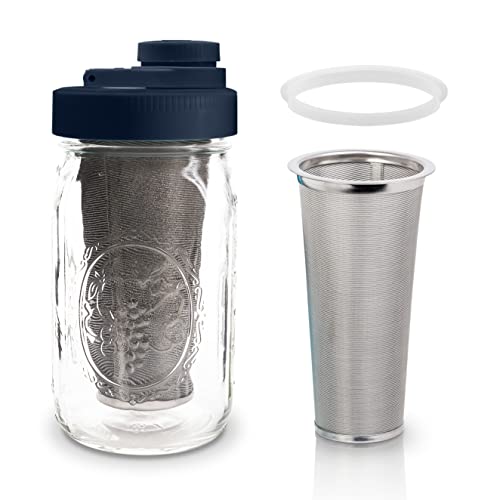 Brewing America Mason Jar Cold Brew Coffee Maker Infuser: Made in USA Wide Mouth Mason Jar with Screw Top Pour and Drinking Lid, Stainless Steel Filter - Coffee, Tea, Alcohol - 2 Quart 64 oz Blue Lid