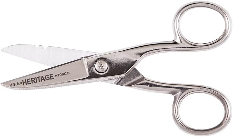 Klein Tools 100CS Electrician Scissors, Serrated Scissors with Wire Stripping Notches, Made in USA
