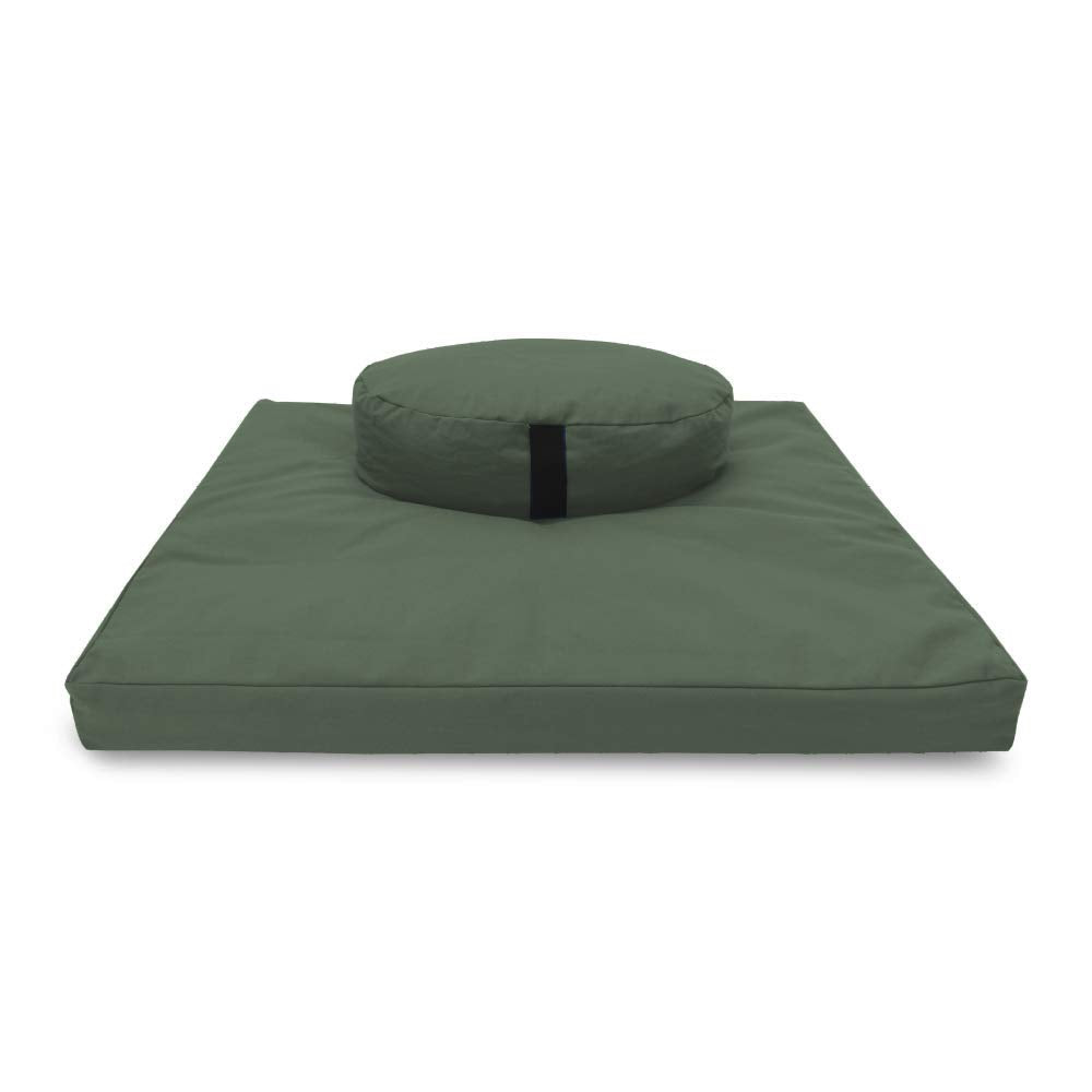 Bean's ZAFU + ZABUTON Meditation Set - OVAL Buckwheat Filled ZAFU Pillow + Large Cotton Filled ZABUTON Floor Pad - EARTH Cotton Canvas - Traditional Tibetan Zen Mindfulness Seat Kit - Made in USA