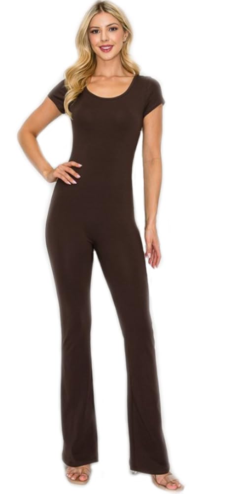 7Wins JJJ Fashion Women Cotton Spandex Jumpsuit Round Neck Short Sleeve Long Flare Bottom Bodycon Catsuit