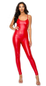 7Wins Women Catsuit PU Faux Leather Spaghetti Strapped Yoga Bodysuit Jumpsuit