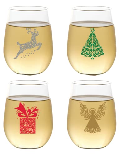 Set of 4 Shatterproof Designer 16 oz Plastic Wine Glasses MADE in the USA (CHRISTMAS)