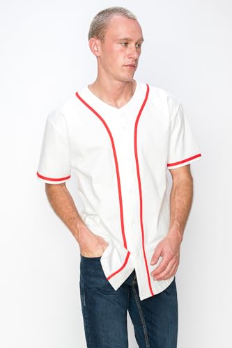 YURO-K Men's Cotton White Color Baseball Jersey with Piping/Made in Los Angeles