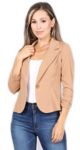 JJJ Fashion Women's Solid One Button Princess Seam Ruched Cuffs Blazer