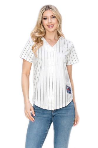 YURO-K Women's White Cotton Pinstripe Baseball Jersey/Made in Los Angeles