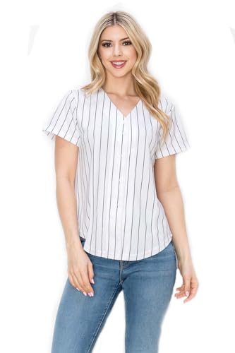 YURO-K Women's White Pinstripe Baseball Jersey/Made in Los Angeles