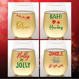 Set of 4 Shatterproof Designer 16 oz Plastic Wine Glasses MADE in the USA (CHRISTMAS)