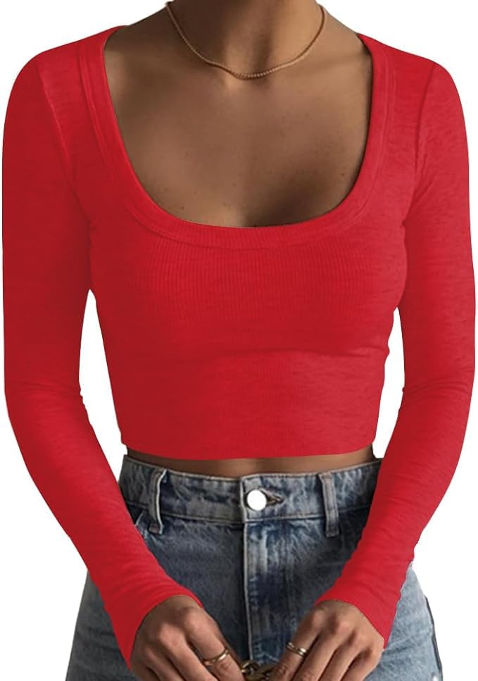 Sweet Hearts Long Sleeve Crop Tops for Women- Ribbed Cute Cropped Top Square Neck Casual Basic Shirt Made in USA