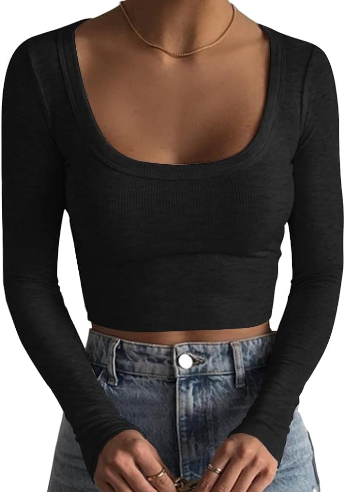 Sweet Hearts Long Sleeve Crop Tops for Women- Ribbed Cute Cropped Top Square Neck Casual Basic Shirt Made in USA