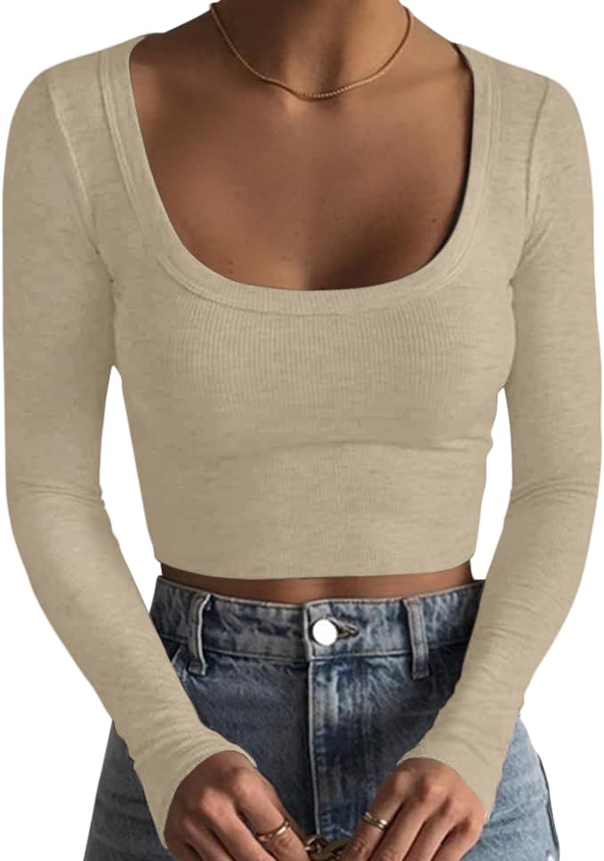 Sweet Hearts Long Sleeve Crop Tops for Women- Ribbed Cute Cropped Top Square Neck Casual Basic Shirt Made in USA