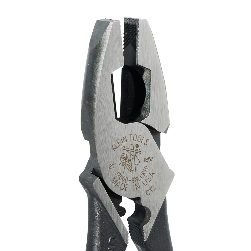 Klein Tools J2000-9NECRTP Side Cutter Linemans Pliers with Tape Pulling and Wire Crimping, High Leverage, 9-Inch