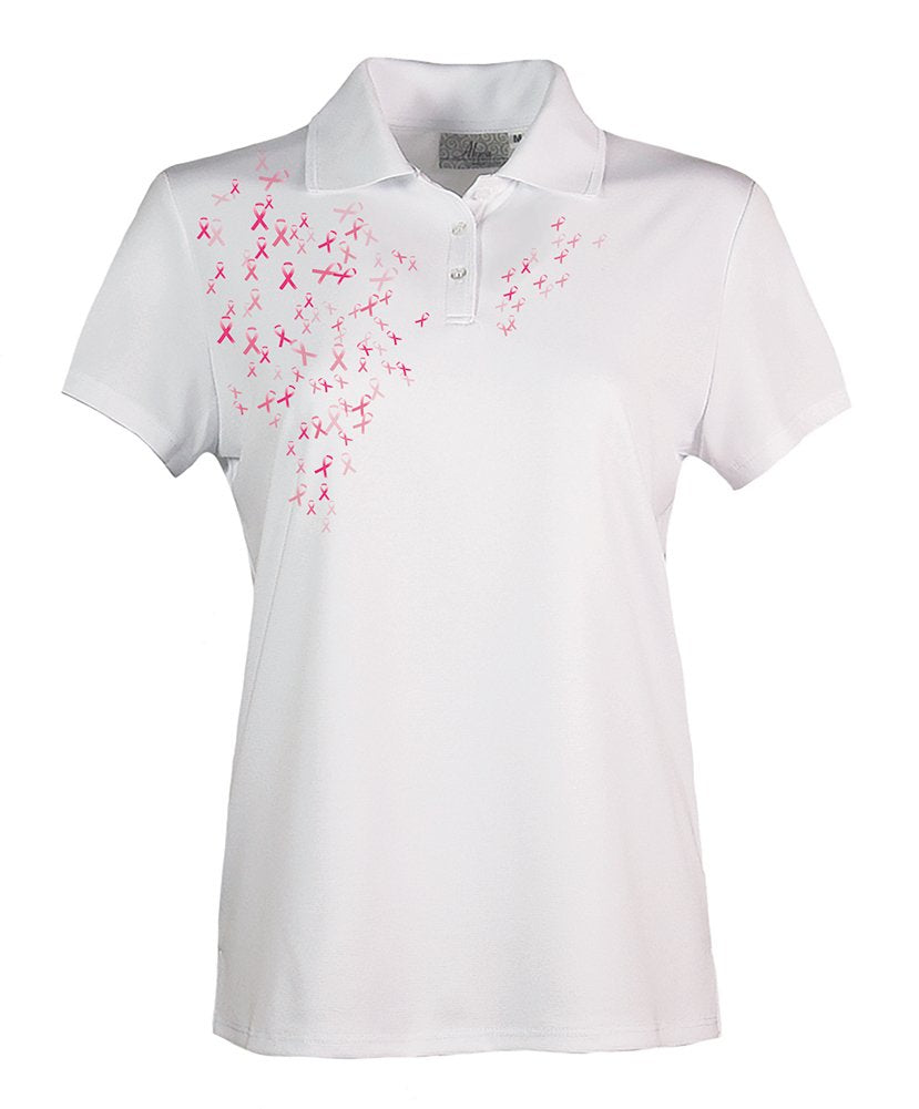 Akwa Made in USA Women's Breast Cancer Awareness Pink Ribbon Polo with Moisture Wicking Polyester