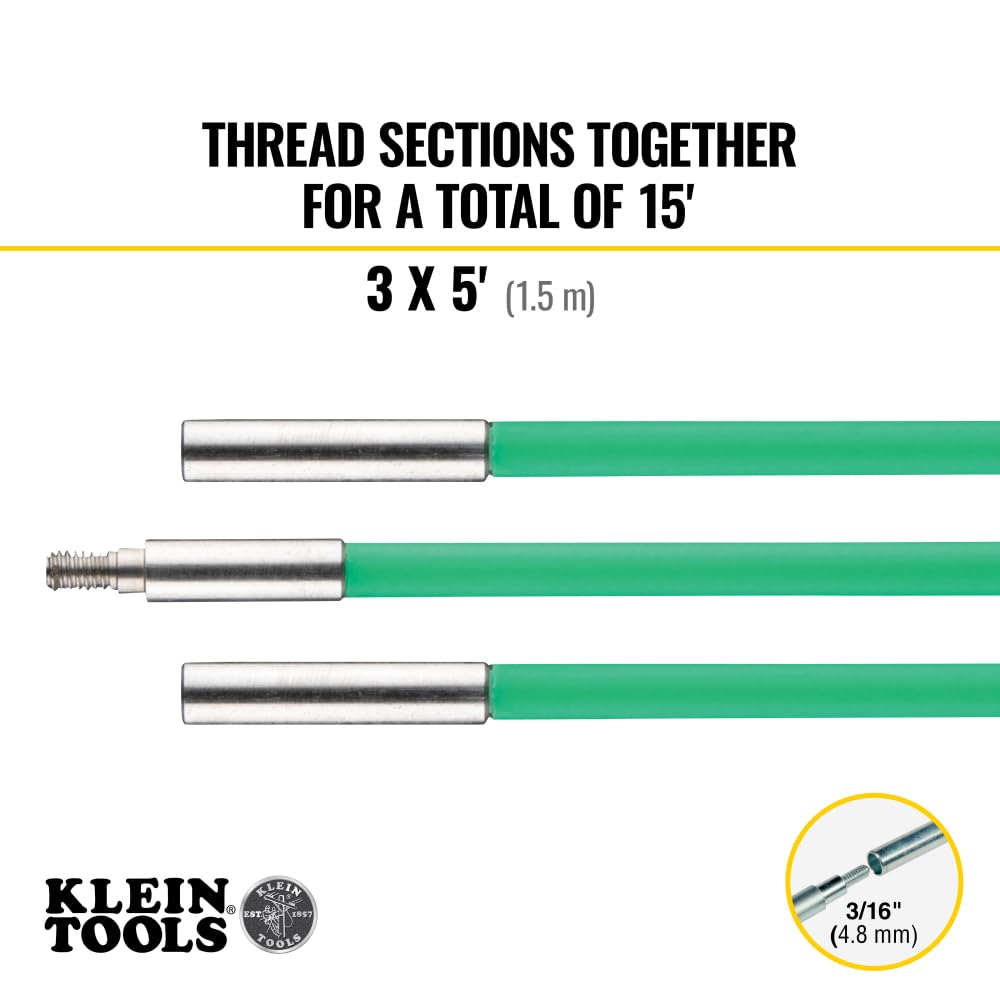 Klein Tools 50159 15-Foot Hi-Flex Glow Fish Rod Set, Made in USA, (3) 5/32-Inch Fiberglass, Adapter, Bullet Nose, Attachments, Splinter Guard Coating