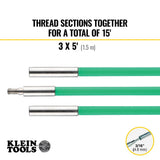 Klein Tools 50159 15-Foot Hi-Flex Glow Fish Rod Set, Made in USA, (3) 5/32-Inch Fiberglass, Adapter, Bullet Nose, Attachments, Splinter Guard Coating