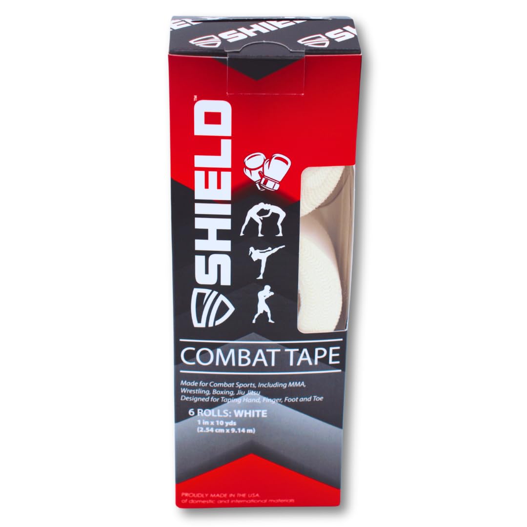 SHIELD Combat Tape | USA Made, Boxing Sports Tape, Athletic Tape, Easy-Tear, Long-Lasting Grip, No Sticky Residue, 1 inch x 10 Yards, 6-Roll Box, White