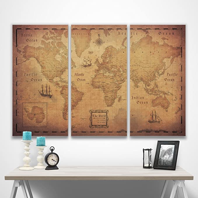 Push Pin World Map Board - With Push Pins to Mark World Travel - Handmade in Ohio, USA - Design: Golden Aged (48" x 32")